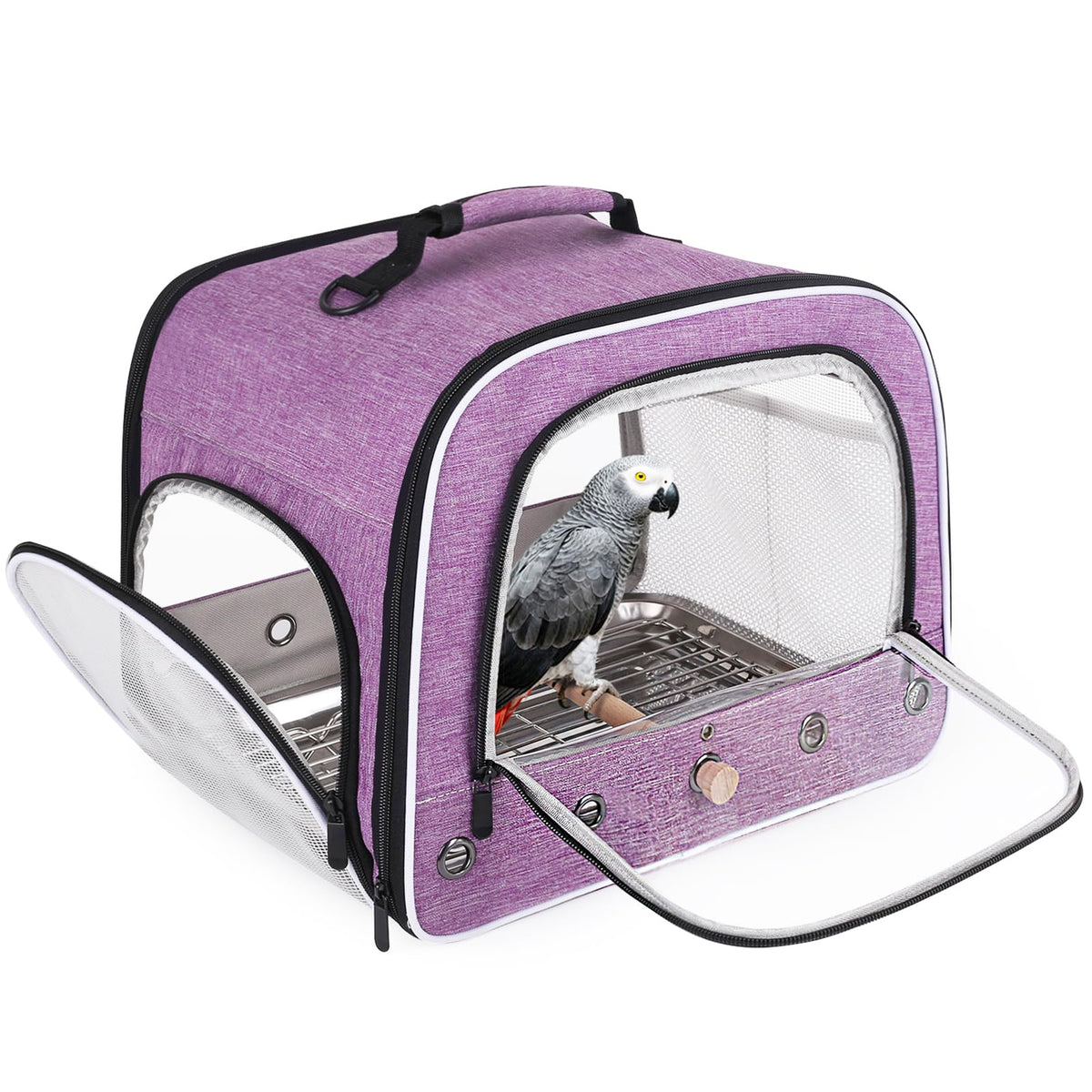Cylindrical Portable Bird Carrier Travel Cage with Stands and Tray (Grey, Medium Carrier)