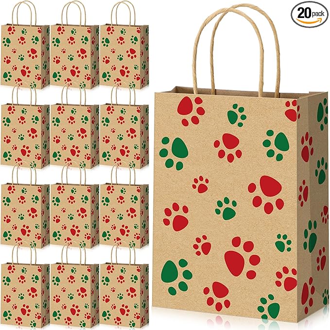 Blulu 20 Pcs Puppy Dog Paw Gift Bags with Paper Twist Handles, Dog Gift Paper Paw Treat Goodie Bags for PET Treat Party Favor, 6.3 x 3.1 x 8.6 Inch (Kraft Backing, Red Green Paws)
