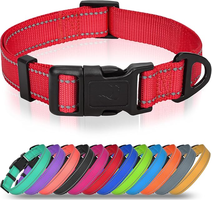 Joytale Small Dog Collar, Durable Double-Sided Reflective Nylon Collar for Night Safety, Adjustable Quick-Release for Active Breeds, Red, S (3/4" Width)