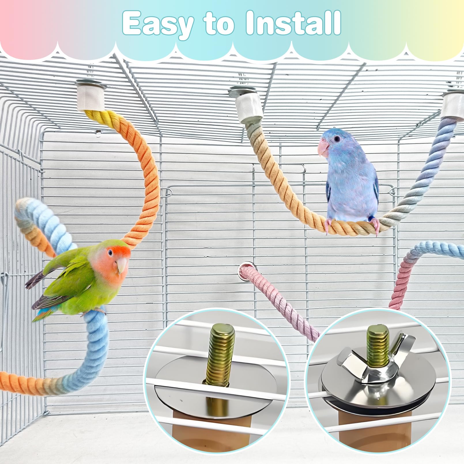 BNOSDM Bird Rope Perch with Stand Perch Toy Set Bendable Rope Perches Wooden Spinning Exercise Wheel Toy Parrot Cage Accessories for Parakeets, Conures, Lovebirds, Budgies, Cockatiels (Rainbow Color)