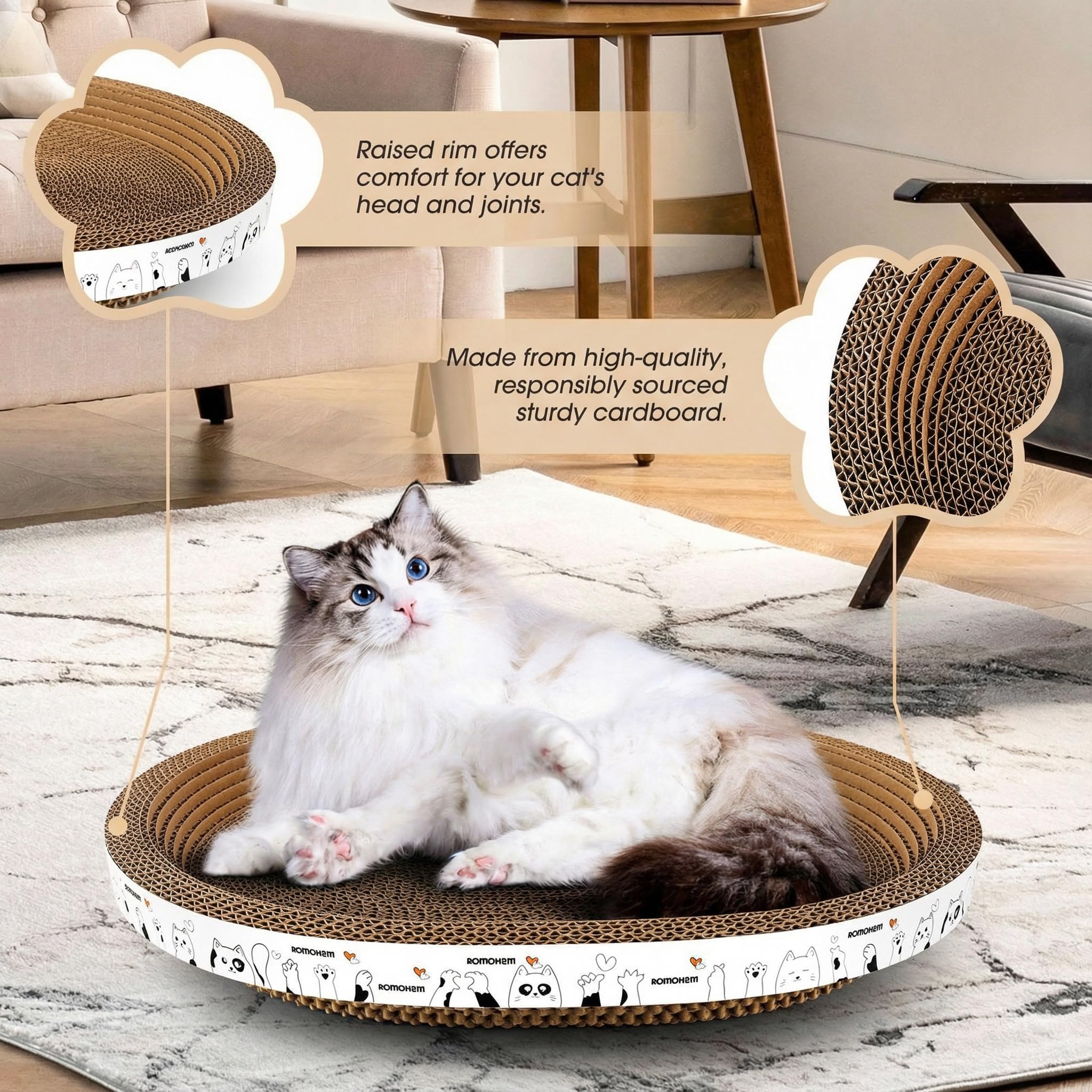 Romohom 3 Pack Oval Cardboard Cat Scratcher & Lounger Bed, High-Density Cat Scratching Board & Lounge Bed, Ergonomic Scratch Pads for Indoor Cats Claws Care, Furniture Couch Protector from Cat Claws