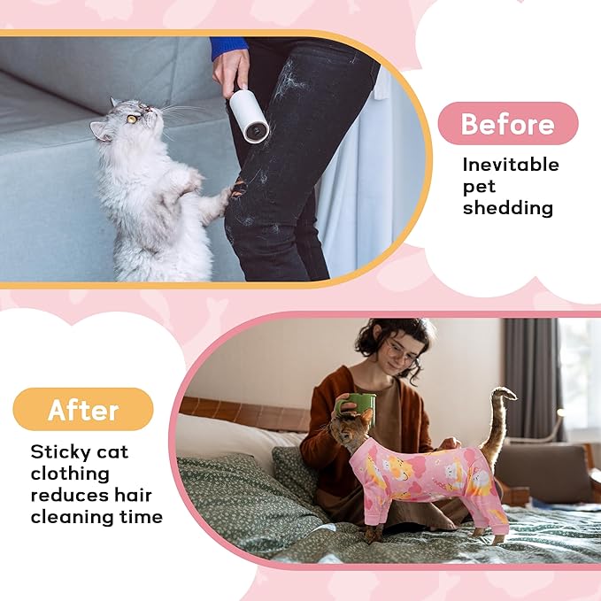 PUMYPOREITY Cat Recovery Suit, Stops Wound Licking After Surgery, Sticky Hair Shirt with Sticky Fabric, Cat Pajamas Prevents Over-Grooming, Kitten Onesie - Soft & Machine Washable, Pink, XS