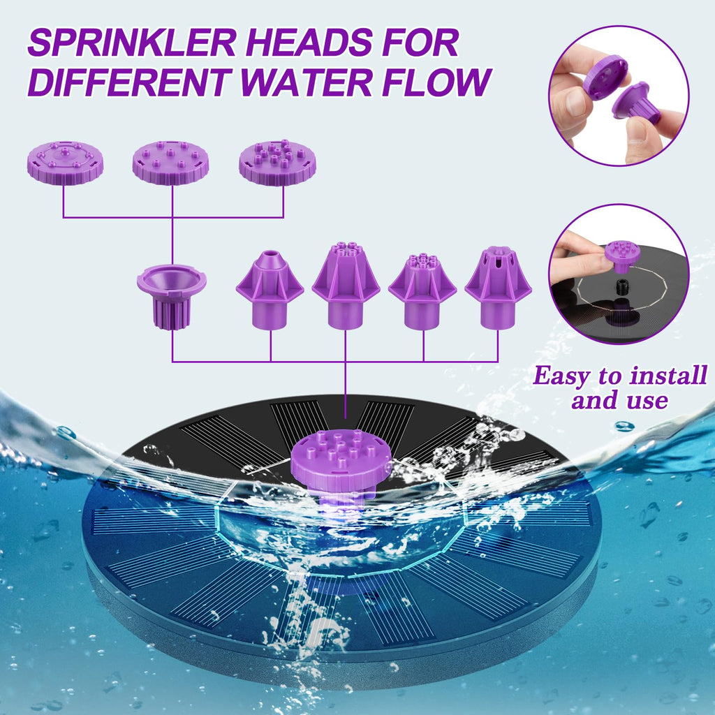 Solar Bird Bath Fountain Pump, Solar Powered Water Pump, Outdoor Water Fountain with 8-in-1 Nozzles, 4 Fixed Pipes for Hummingbirds, Garden, Pool, Pond