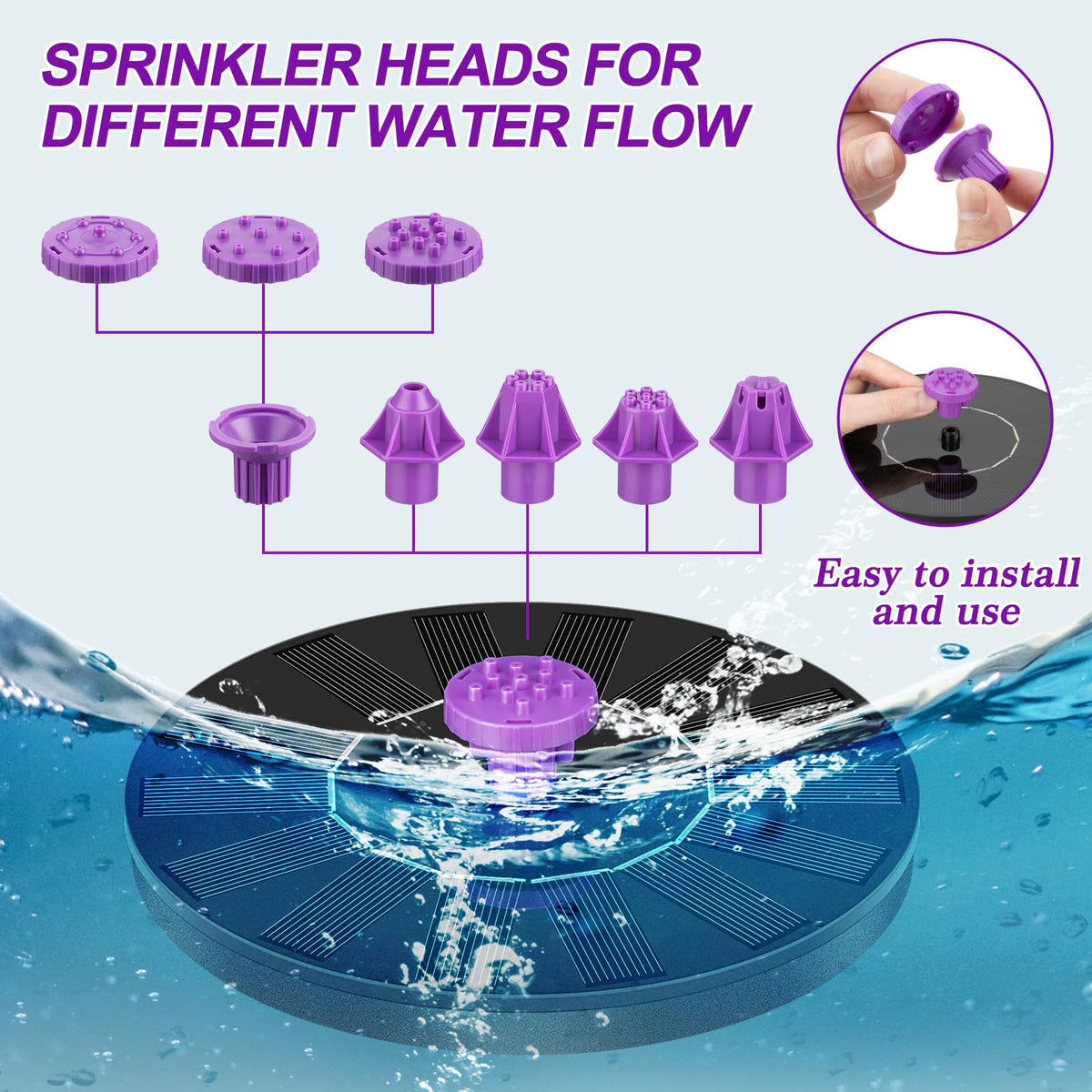 Solar Bird Bath Fountain Pump, Solar Powered Water Pump, Outdoor Water Fountain with 8-in-1 Nozzles, 4 Fixed Pipes for Hummingbirds, Garden, Pool, Pond