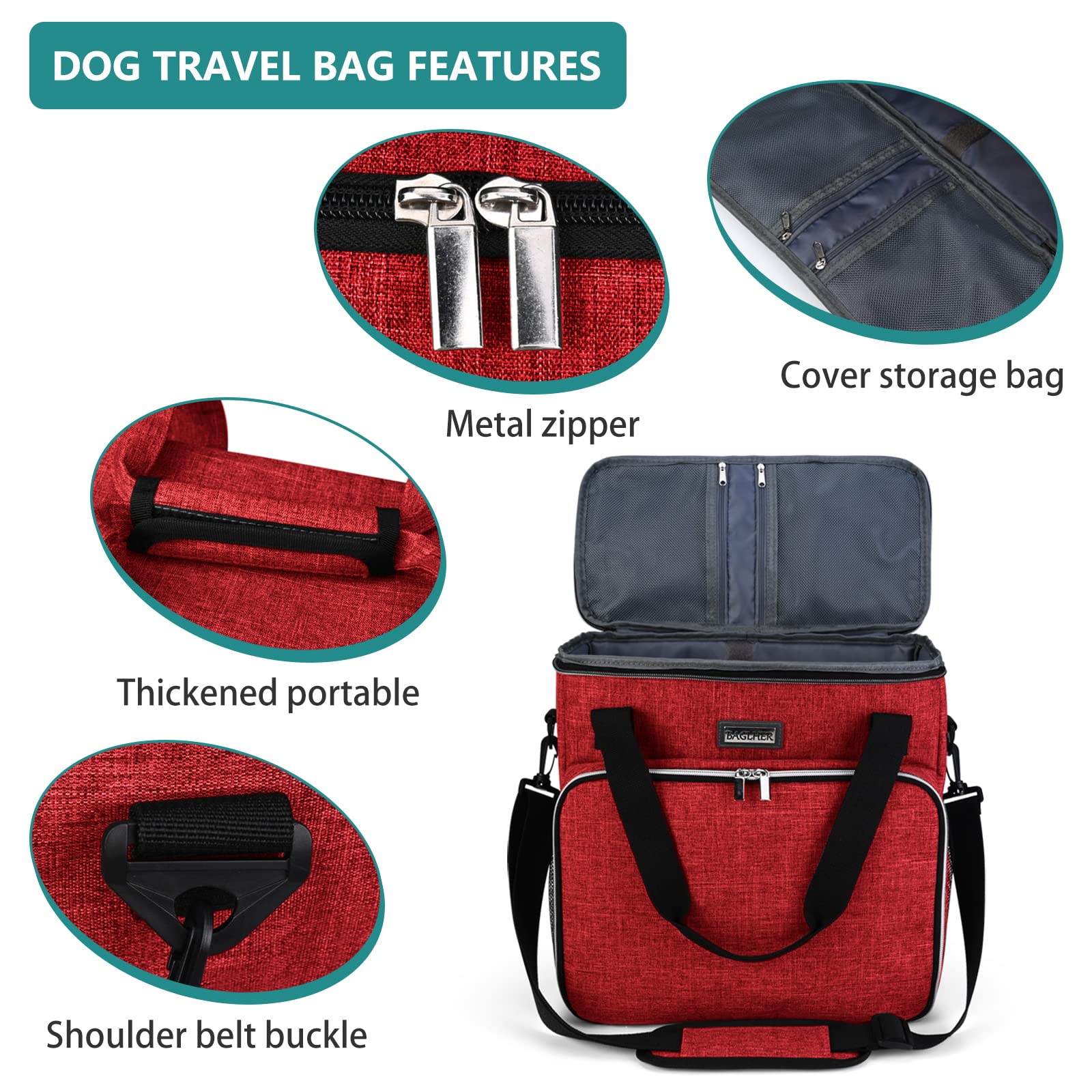 BAGLHER Dog Travel Bag, Pet Travel Bag (ALL Pet Travel Supplies), With 2 Pet Food Containers and 2 Collapsible Silicone Bowls; Essential Kits for Travel Red
