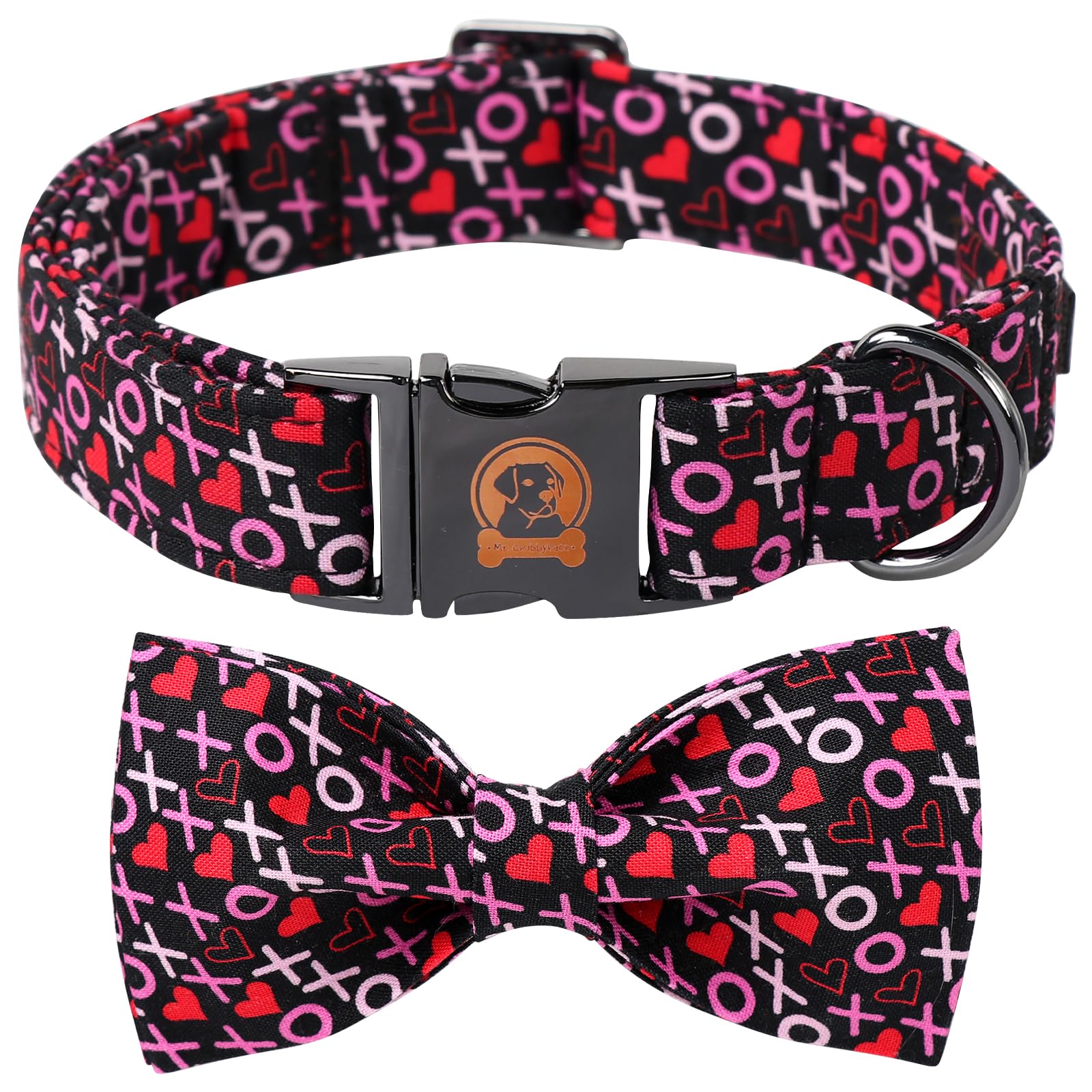 MR. CHUBBYFACE· Valentine's Dog Collar with Bowtie, XOXO Red Heart Dog Collar with Metal Buckle, Cute Adjustable Boy Girl Female Collars for Small Medium Large Dogs