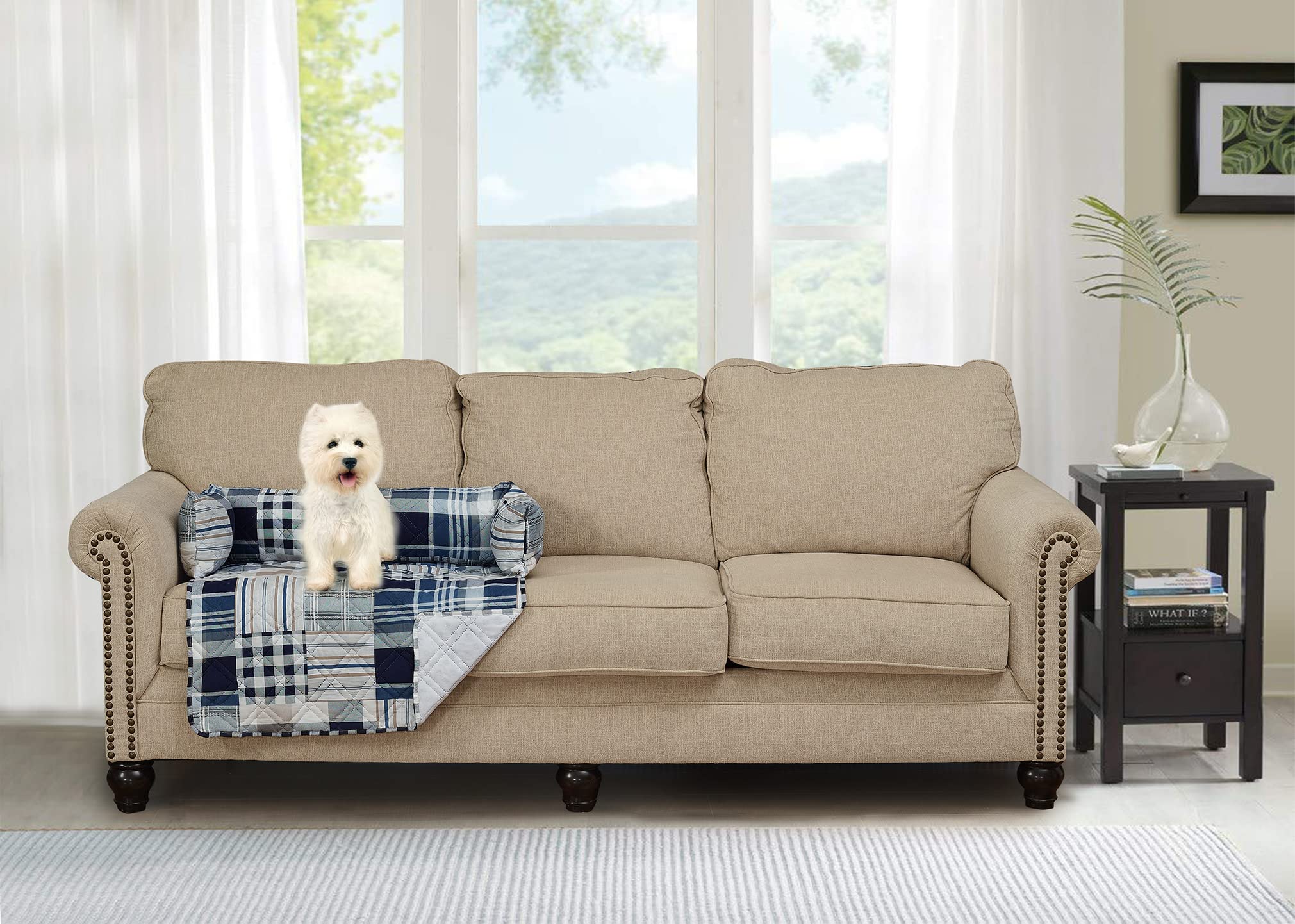 Brilliant Sunshine Blue Plaids and Stripes Patchwork Pet Sofa Bed, Quilted, Slip Resistant, Washable Couch Protector with Removable Bolster Cushions, Furniture Cover for Pets, Dogs, Cats, Medium, Blue