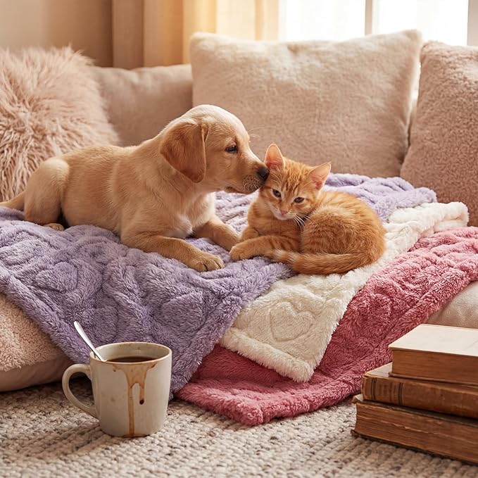 Tegeme 3 Pcs Small Dog Blanket 280 GSM Washable Pet Bed Cover Soft Fluffy Puppy Blanket 3D Textured Heart Checkered Pattern Fleece Soft Cat Plush Pet Throws for Kitten Doggy(Classic Colors,20"×30")
