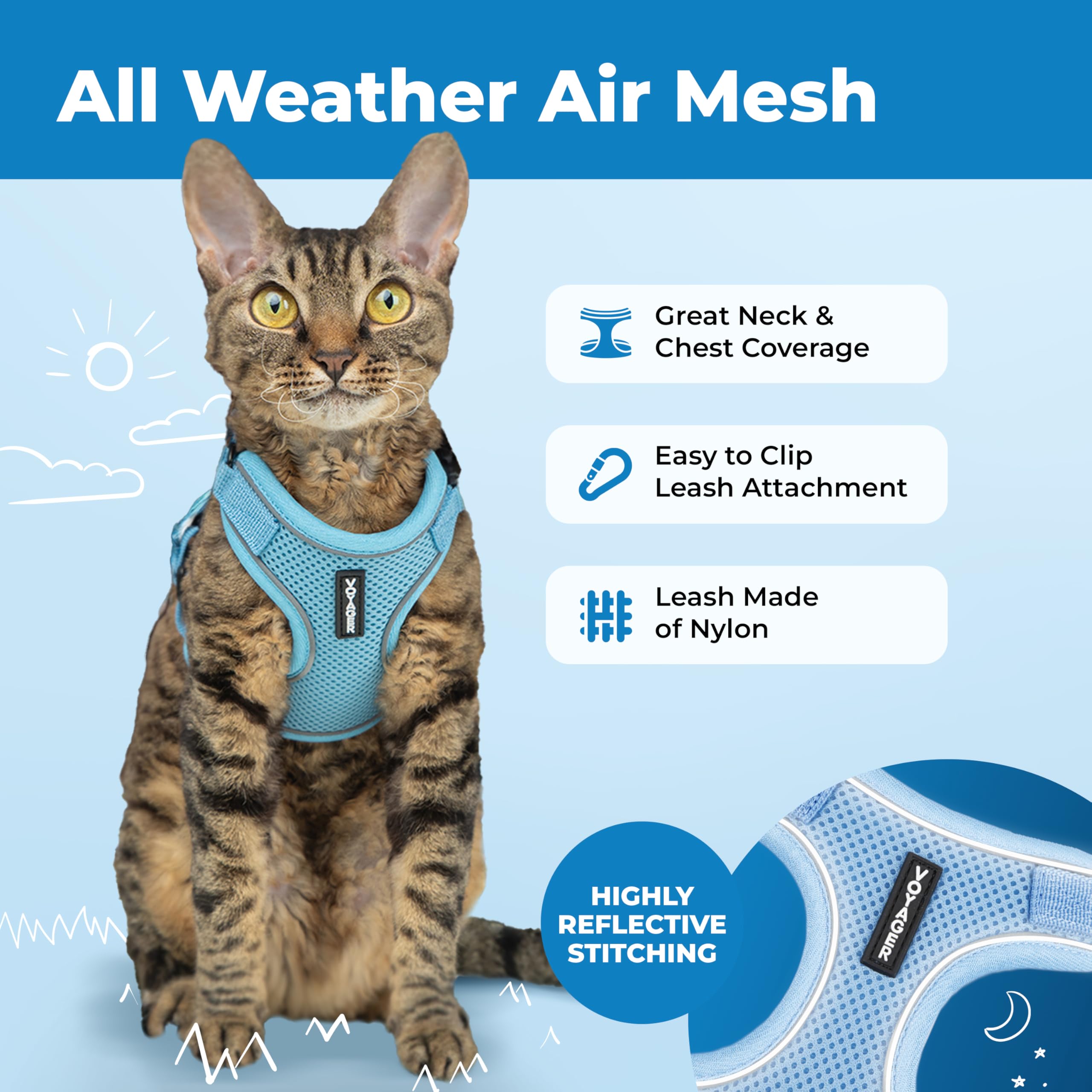 Voyager Escape-Proof Step-in Lock Cat Harness & 5ft Neoprene-Handle Leash Set All-Weather Mesh with Reflective Stitching for Small to Large Cats by Best Pet Supplies, Baby Blue (327), XXS