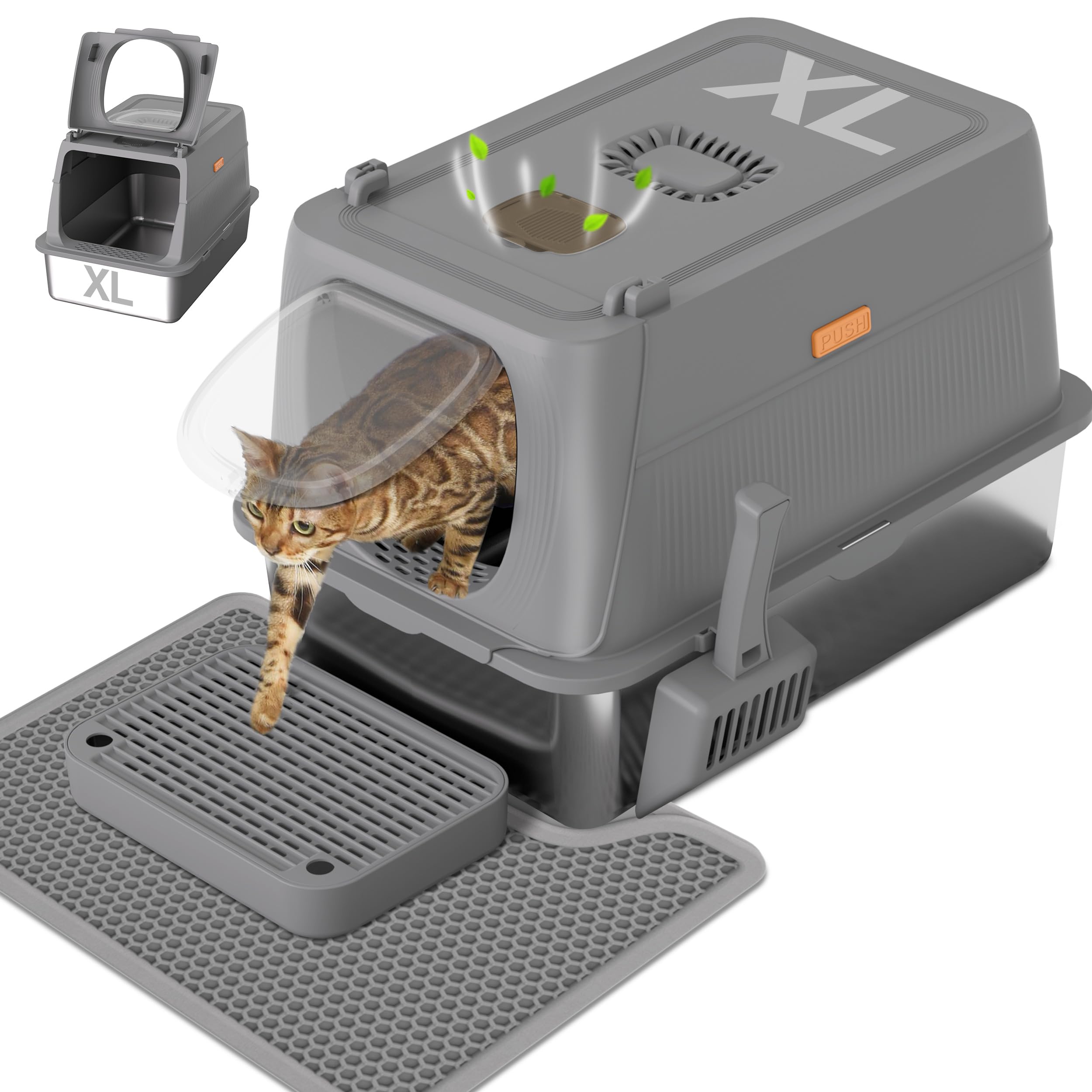 Anywish Stainless Steel Cat Litter Box with Lid, XL Extra Large Enclosed Removable Metal Litter Box with Litter Scoop&Double Layer Litter Mat, Non-Sticky, Non-Odor, for Big Cats Dark Grey