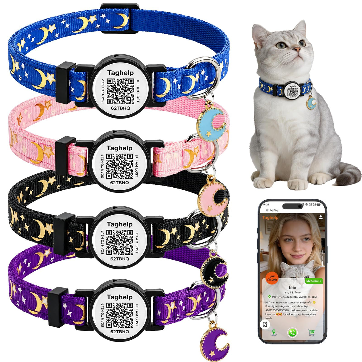 QR Code Breakaway Cat Collar 2-Pack, Safety Collar with Online Pet ID Profile, Flower Bell Collars for Lost Cat Prevention,Ideal for Girl Cats Boy Cats(Yellow&Green)