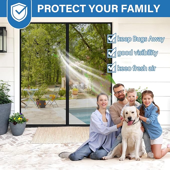 Upgraded PET Mesh Magnetic Screen Door, Stronger Than Fiberglass and Polyester, Hands Free, Keep Bugs Out, Pet & Kid Friendly, Suitable for Sliding and Patio Doors - 96" X 80"