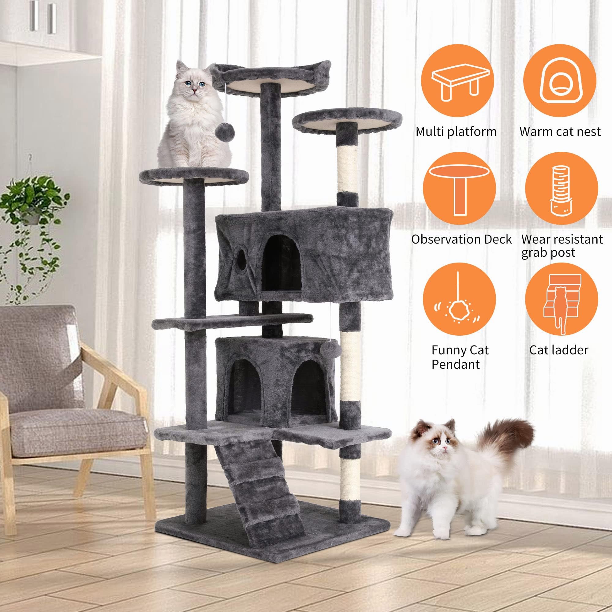 GINMAON Cat Tree for Indoor Cats, Multi-Level Cat Tower with Scratching Posts & Cozy Condo, Space Saving Cat Activity Center, Durable Pet Play House (54in,Light Gray)