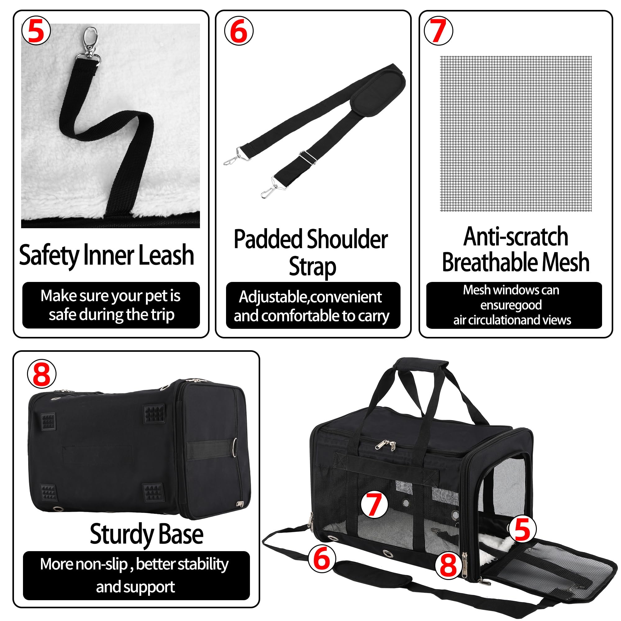Soft Sided Cat/Dog Carrier,Collapsible Pets Travel Carriers for Pet/Puppy with Shoulder Strap & Removable Mat,Mesh Top Load Small Dogs/Cats Carry Bag Up to 17 Lbs TSA Airline Approved（Black,M）