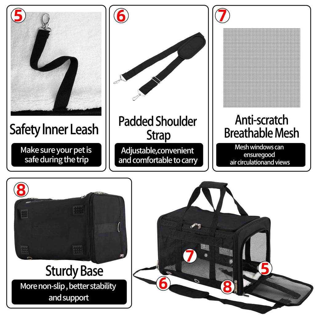 Soft Sided Cat/Dog Carrier,Collapsible Pets Travel Carriers for Pet/Puppy with Shoulder Strap & Removable Mat,Mesh Top Load Small Dogs/Cats Carry Bag Up to 17 Lbs TSA Airline Approved（Black,M）