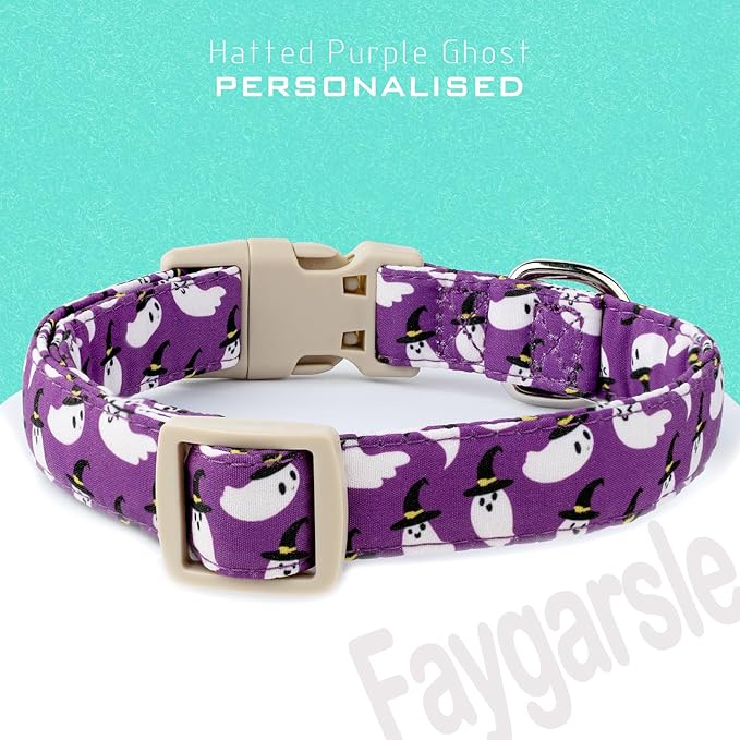 Faygarsle Halloween Dog Collar with Charm, Purple with Ghost Pattern, Adjustable Pet Collar for Small Medium Large Dogs, S