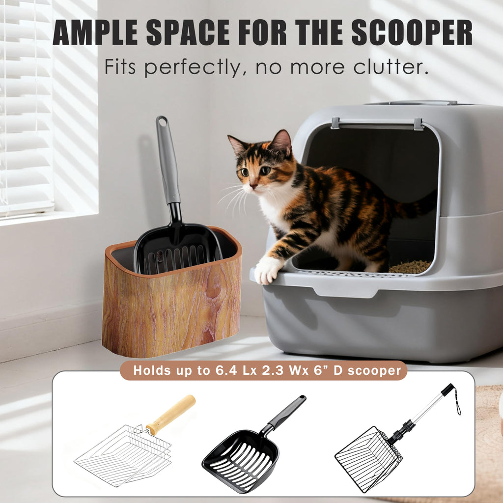 Ayipaqen Cat Litter Scoop Holder – Wood-Grain Dual-Open Scoop Caddy with Bag-Lock Hole, Wide-Mouth Double-Layer Inner Bucket, Mini Desktop Trash Bin for Pet Scoops & Accessories