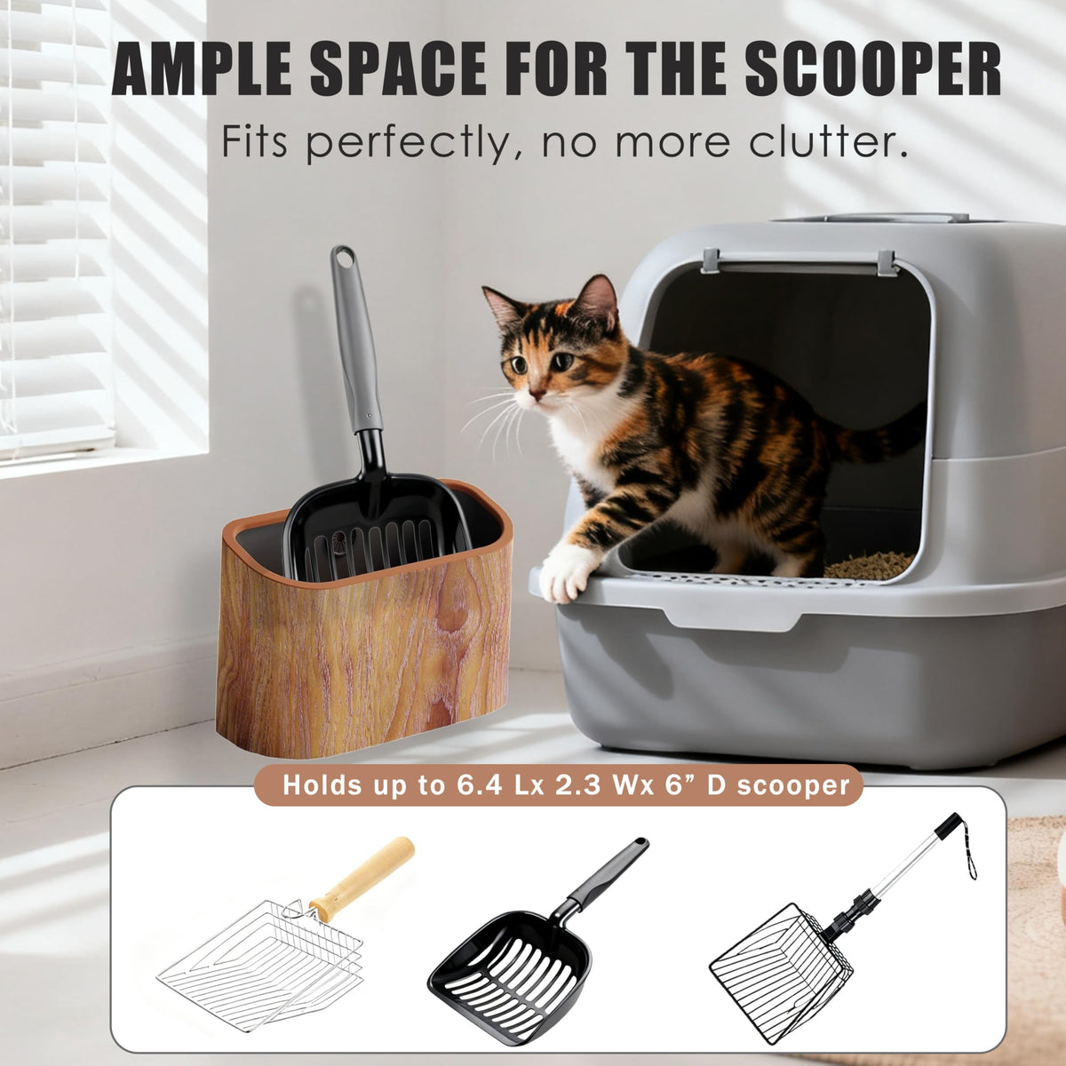 Ayipaqen Cat Litter Scoop Holder – Wood-Grain Dual-Open Scoop Caddy with Bag-Lock Hole, Wide-Mouth Double-Layer Inner Bucket, Mini Desktop Trash Bin for Pet Scoops & Accessories