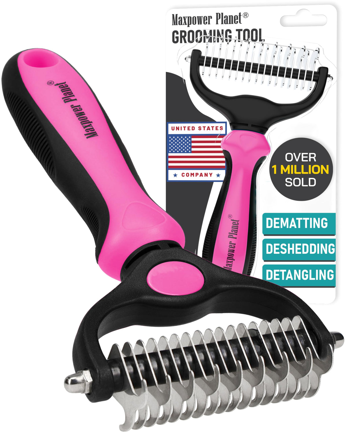 Maxpower Planet Pet Grooming Brush - Double Sided Dematting Undercoat Rake for Dogs and Cats, Extra Wide Pet Brush to Reduce Shedding by 95% (Blue, S)