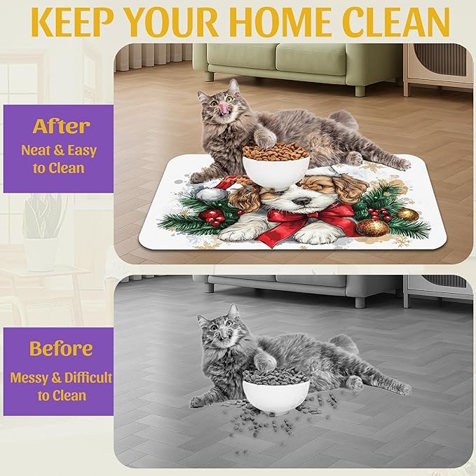 Christmas Dog and Cat Food Mat, Absorbent Feeding Placemat, Waterproof Non-Slip Rubber Base – 12x20 Inch