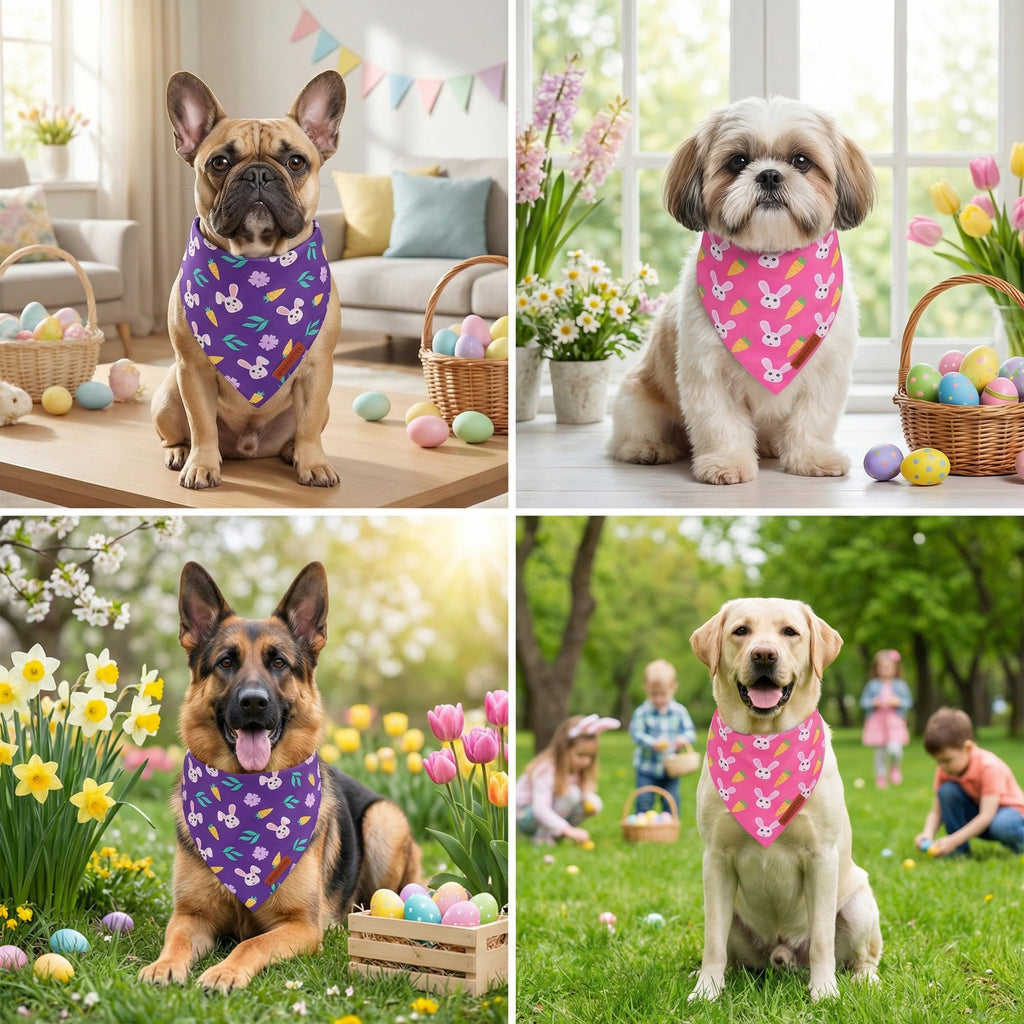 ADOGGYGO Easter Dog Bandana 2 Pack, Bunny Carrot Print Triangle Pet Scarf, Premium Fabric, Reversible Purple Pink Easter Bandana for Extra Large Dogs (X-Large)