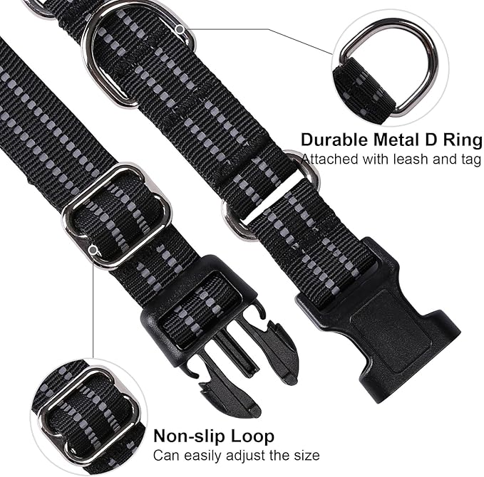 JOYEEIIOO Martingale Dog Collar, Adjustable Nylon Reflective Collar with Quick Release Buckle, No Pull Dog Training Collars for Small Medium Large Dogs (Black, Extra Large)