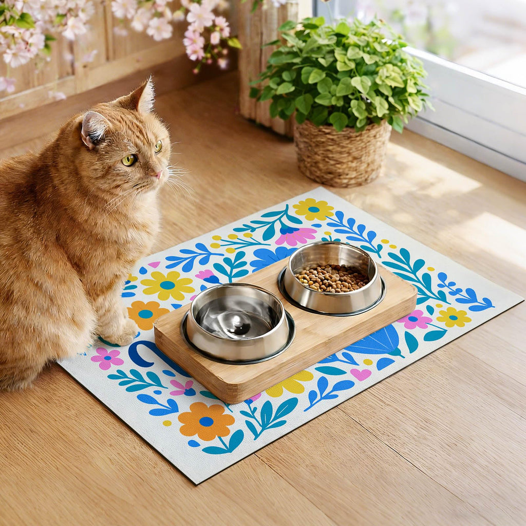 HOMETITUTE Pet Feeding Mat Welcome Floral Bowl Placemat 24 x 16 Inch