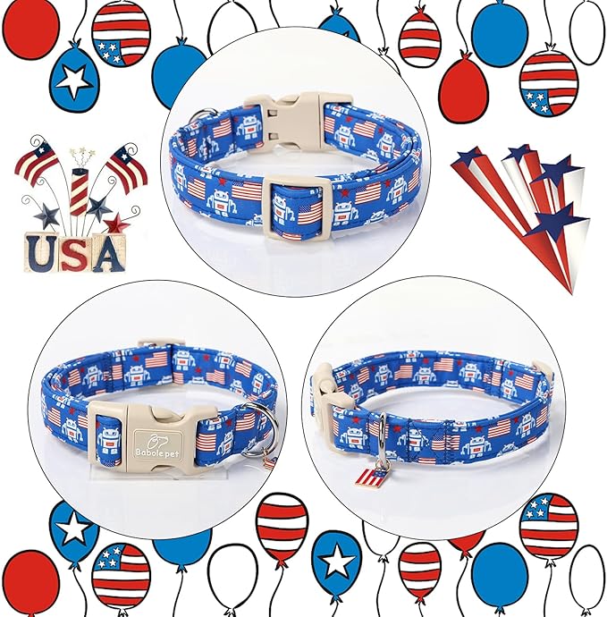 Babole Pet 4th of July Dog Collar, Robot Star-Spangled Patriotic Dog Collars for Giant Large Dogs, Adjustable Lightweight Quick-Release Buckle Collar for Boy&Girl Dogs XL