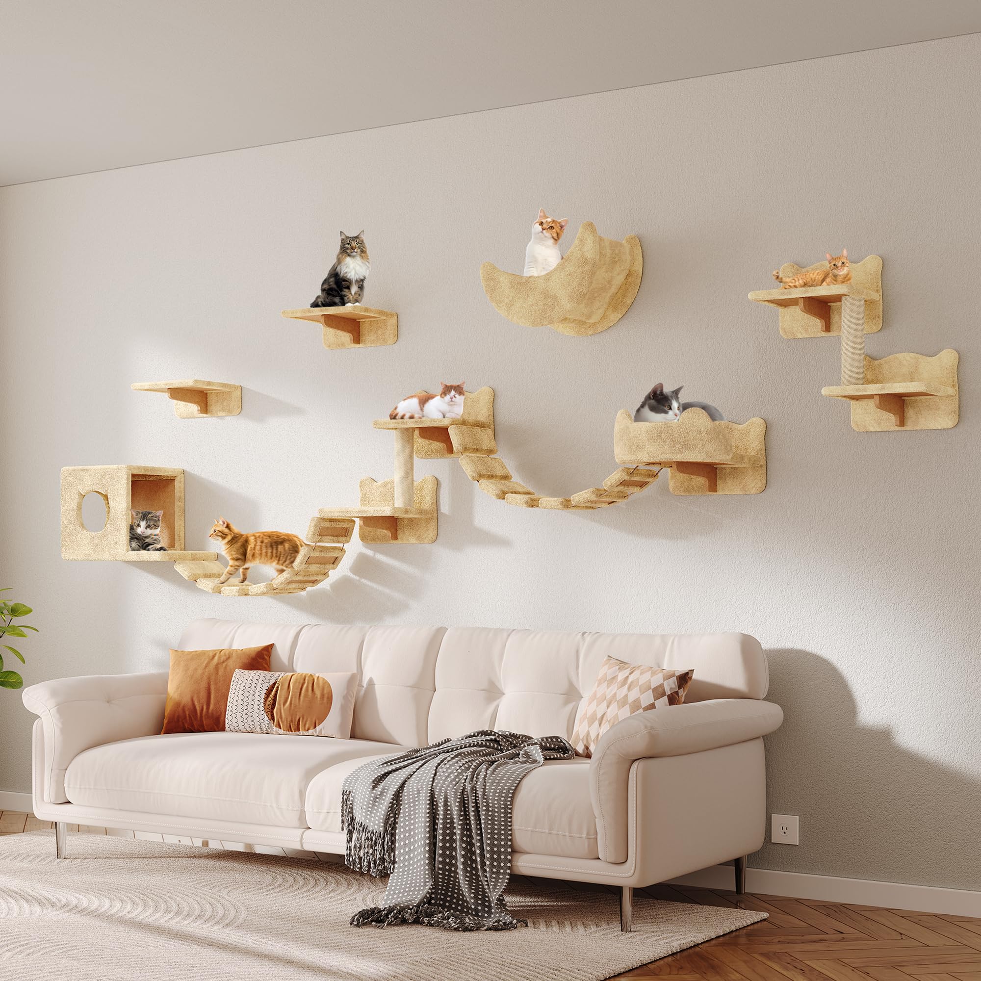 Homiflex 13-in-1 Cat Wall Shelves, Moon & Bridge Cat Wall Furniture, Beige