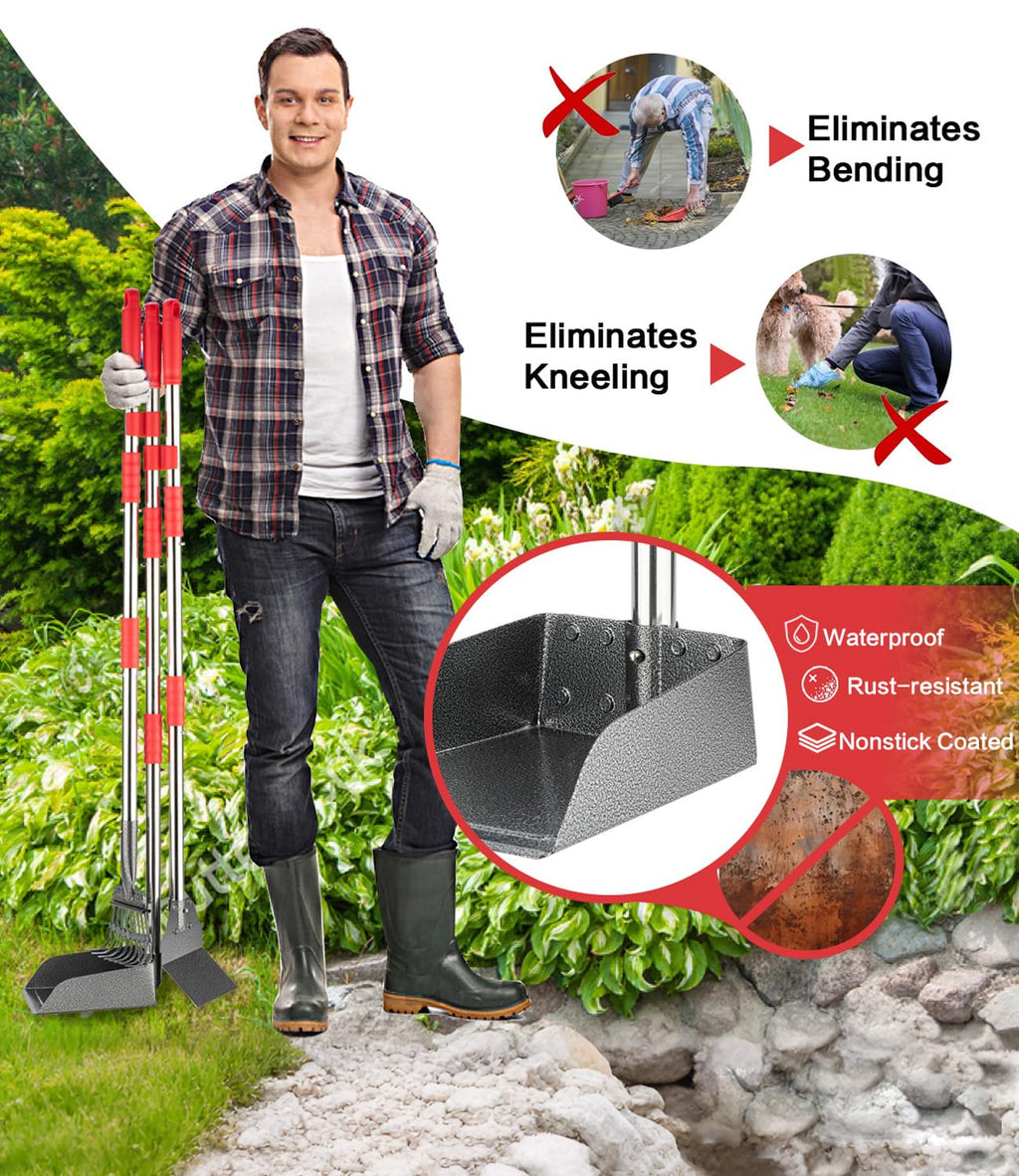 FUSBUNTY Long Handle Dog Pooper Scooper, Heavy Duty Stainless Steel Rake