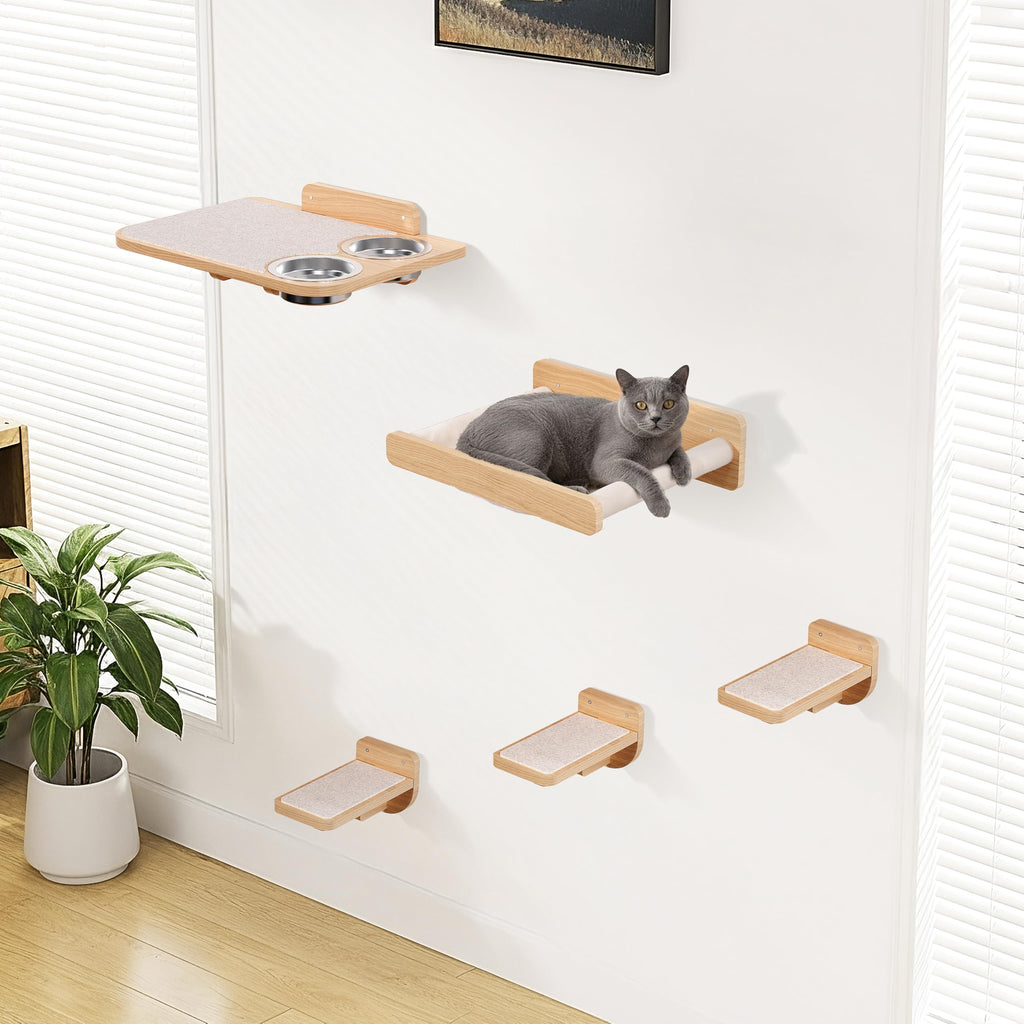 PATHOSIO PETS Space-Saving Cat Wall Shelves – Interactive Cat Wall Climber with Hammock & Dog Proof Feeding Station for Small & Medium Indoor Breeds – Solid Natural Wood with Beige Carpet