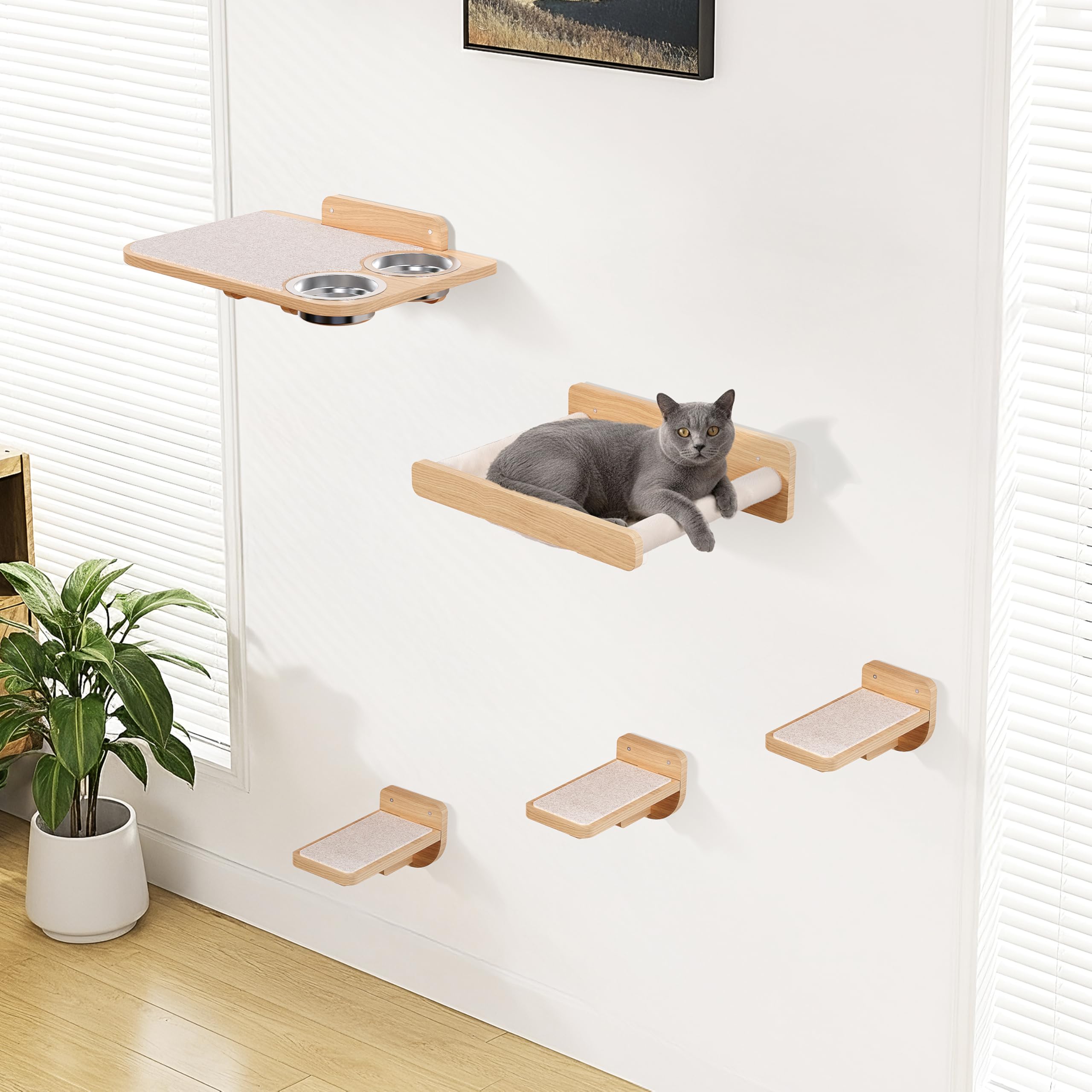 PATHOSIO PETS Space-Saving Cat Wall Shelves – Interactive Cat Wall Climber with Hammock & Dog Proof Feeding Station for Small & Medium Indoor Breeds – Solid Natural Wood with Beige Carpet