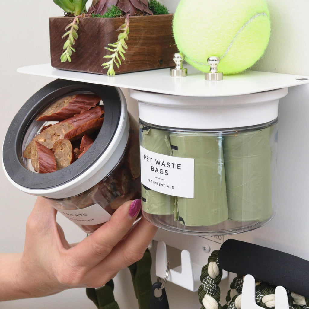 Vascito Dog Treat Holder For Wall Storage For Pets, Premium Pet Wall Organizer, Includes Two 16oz Airtight Dog Treat Jars, 3 Sets of Triple Hooks, Sturdy Shelf in Designer White