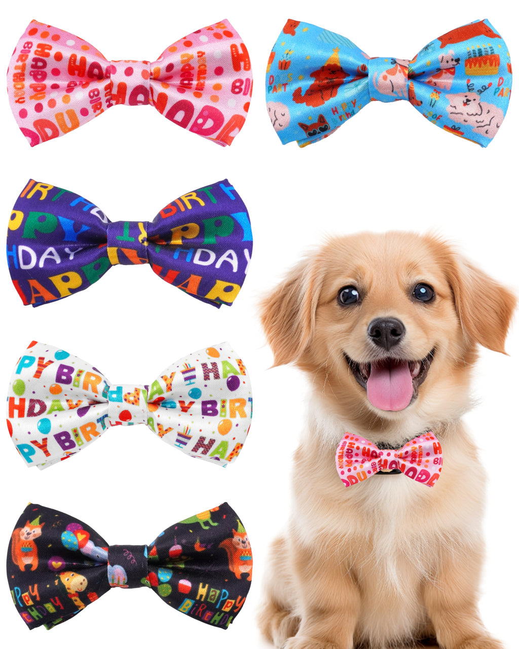 PET SHOW 5 Pack Happy Birthday Dog Bowties for Small Dogs Slide on Collar