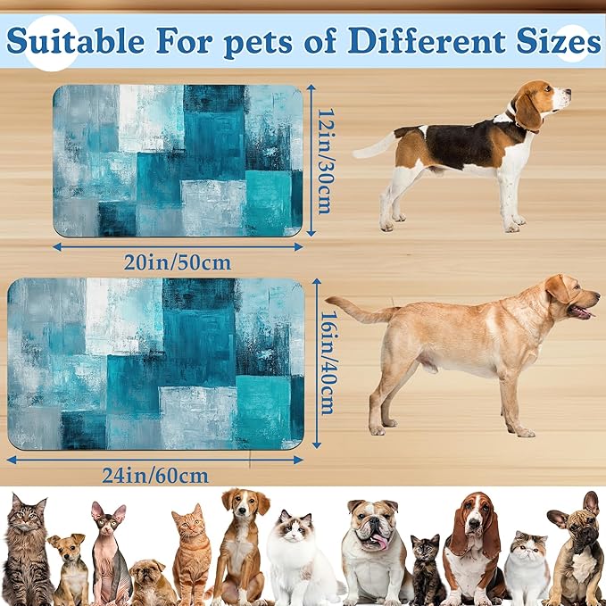Blue Teal Dog Cat Food Mat–Christmas Stocking Absorbent Waterproof Placemat for Food and Water Bowls, Non Slip Rubber Backing, Feeding Mat for Clean Floors 16"x24"