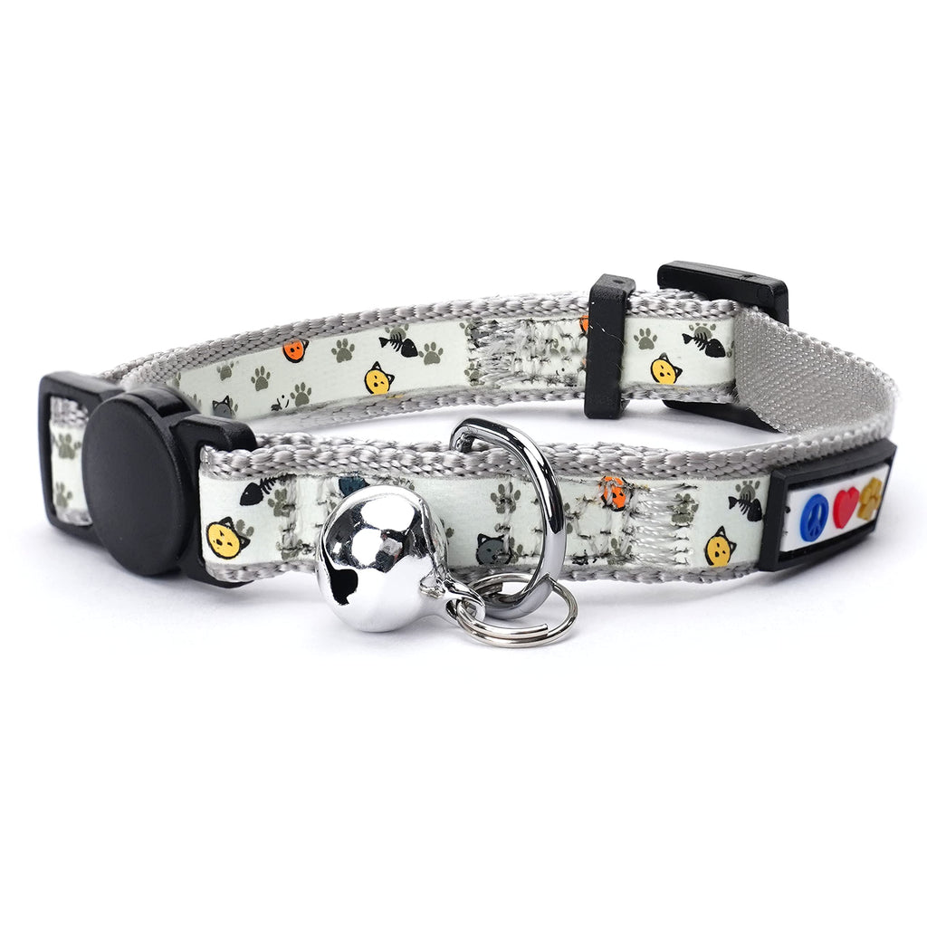 Pawtitas Glow in the Dark Cat Collar with Breakaway Safety Buckle & Bell Adjustable Kitten Collar, Grey
