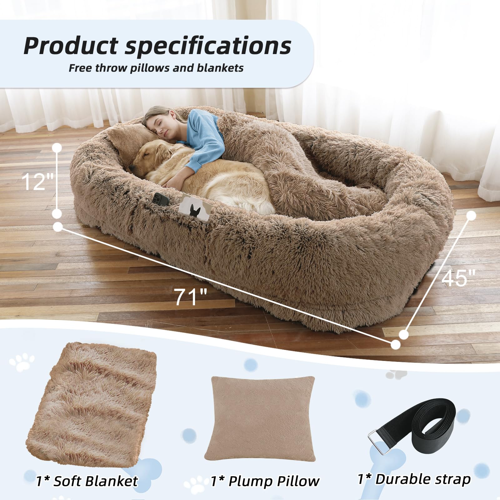 WROS Human Dog Bed, Large Dog Beds for Humans Size Fits You and Pets, Washable Faux Fur Orthopedic Human Pet Bed for People Doze Off, Napping, Present Pillow, Blanket, Strap - Khaki
