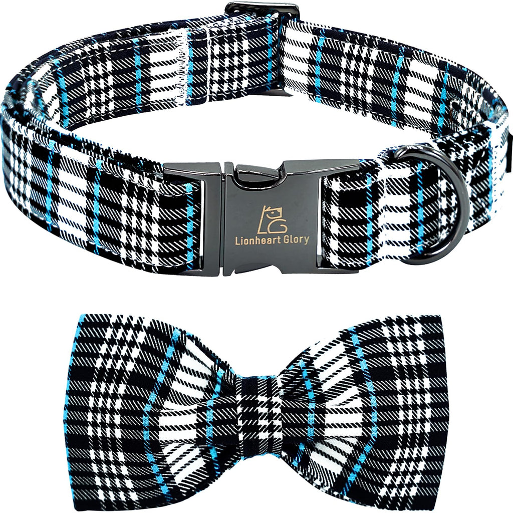 Lionheart glory Dog Bow Collar Blue and Black Plaid Dog Collar for X-Small Dogs,Boy Dog Collars with Bowtie Spring Summer Collars Soft Adjustable Pet Collar Bows