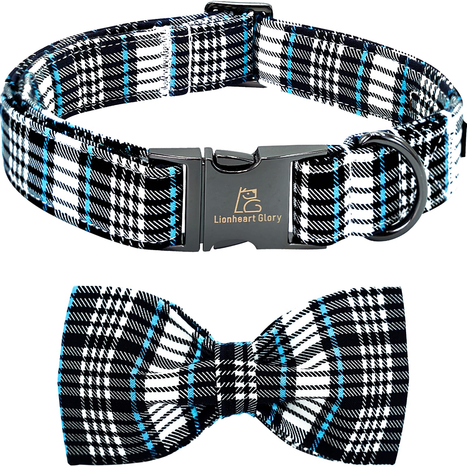Lionheart glory Dog Bow Collar Blue and Black Plaid Dog Collar for X-Small Dogs,Boy Dog Collars with Bowtie Spring Summer Collars Soft Adjustable Pet Collar Bows