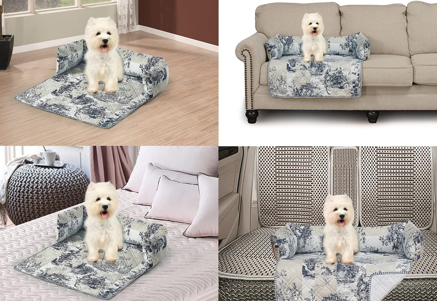 Brilliant Sunshine Quilted Calming Dog Bed Mat, Removable Washable Cover, Cushion Protector and Couch Covers for Dogs, Pets, Cats, Medium, Blue Beige Toile