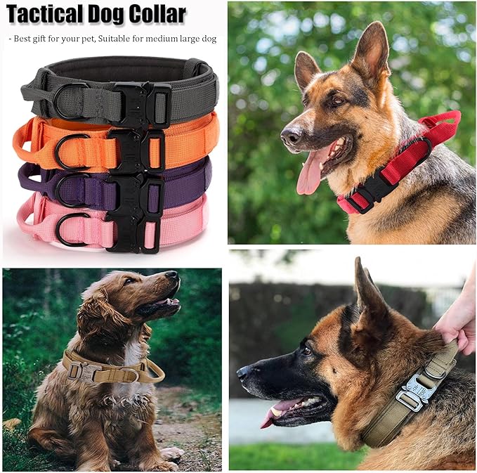 Tactical Dog Collar, Adjustable Military Training Nylon Dog Collar with Control Handle and Heavy Quick-Release Metal Buckle for Small Medium Large Dogs, Light Pink L
