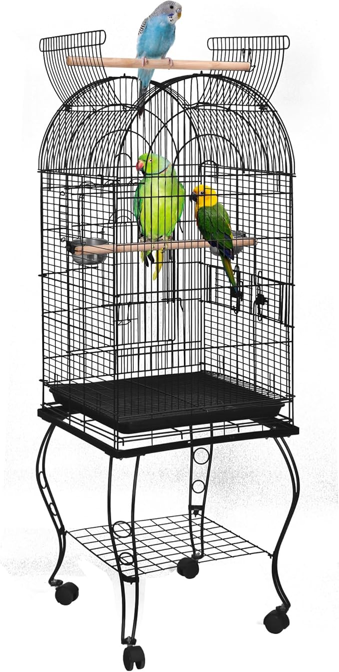 SUPER DEAL 64'' Rolling Bird Cage Large Wrought Iron Cage for Cockatiel Sun Conure Parakeet Finch Budgie Lovebird Canary Medium Pet House with Rolling Stand & Storage Shelf