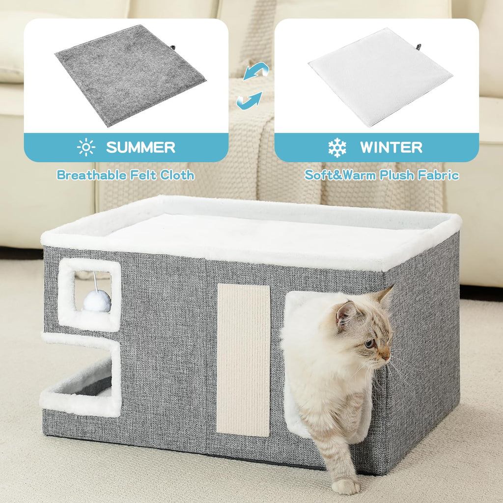 Crispedia Large Cat Houses for Indoor Cats, Extra Wide Cat Cave Bed with Scratch Pad and Fluffy Ball, Foldable Cat Hideaway Condo for Large Cats, Modern Kitten Bed,23x16x13 inches (Grey, X-Large)