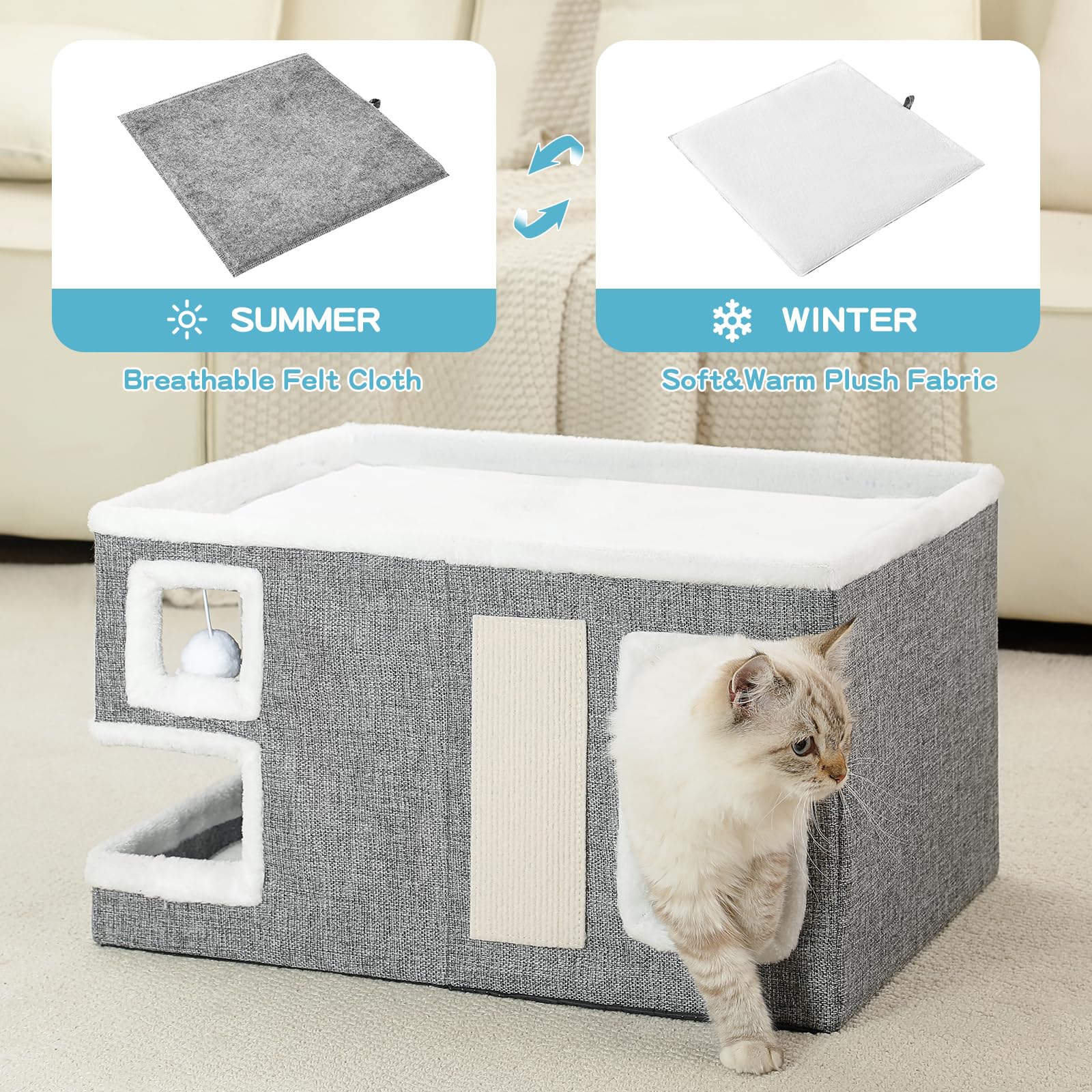 Crispedia Large Cat Houses for Indoor Cats, Extra Wide Cat Cave Bed with Scratch Pad and Fluffy Ball, Foldable Cat Hideaway Condo for Large Cats, Modern Kitten Bed,23x16x13 inches (Grey, X-Large)