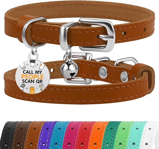 BRONZEDOG Leather Cat Collar with Removable Bells Non Breakaway Kitten QR Tag for Girl Boy (7" - 9" for Cats
