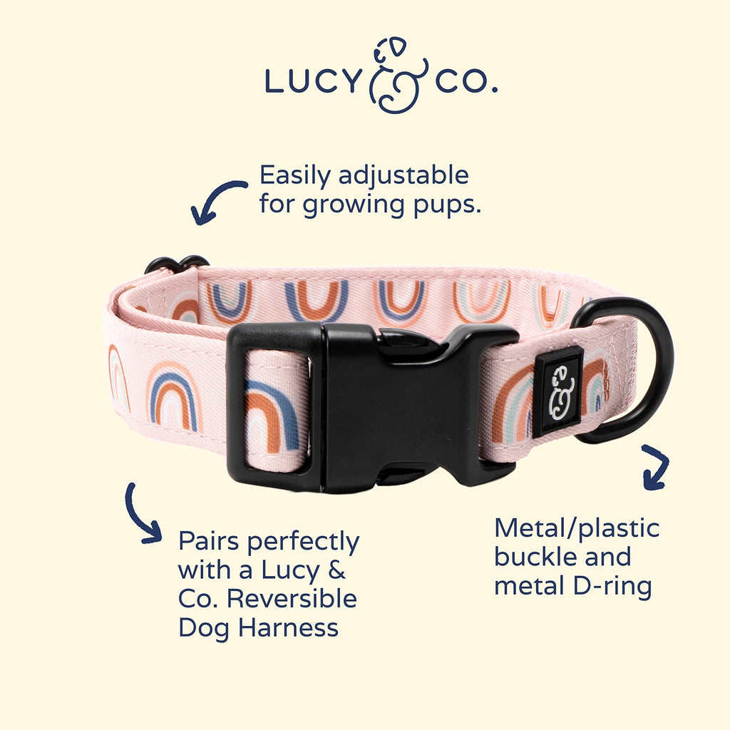 Lucy & Co. in The Clouds Dog Collar - Durable Lightweight Designer Collar for Pets - Adjustable Metal Safety Buckle - Pink Rainbows - Small