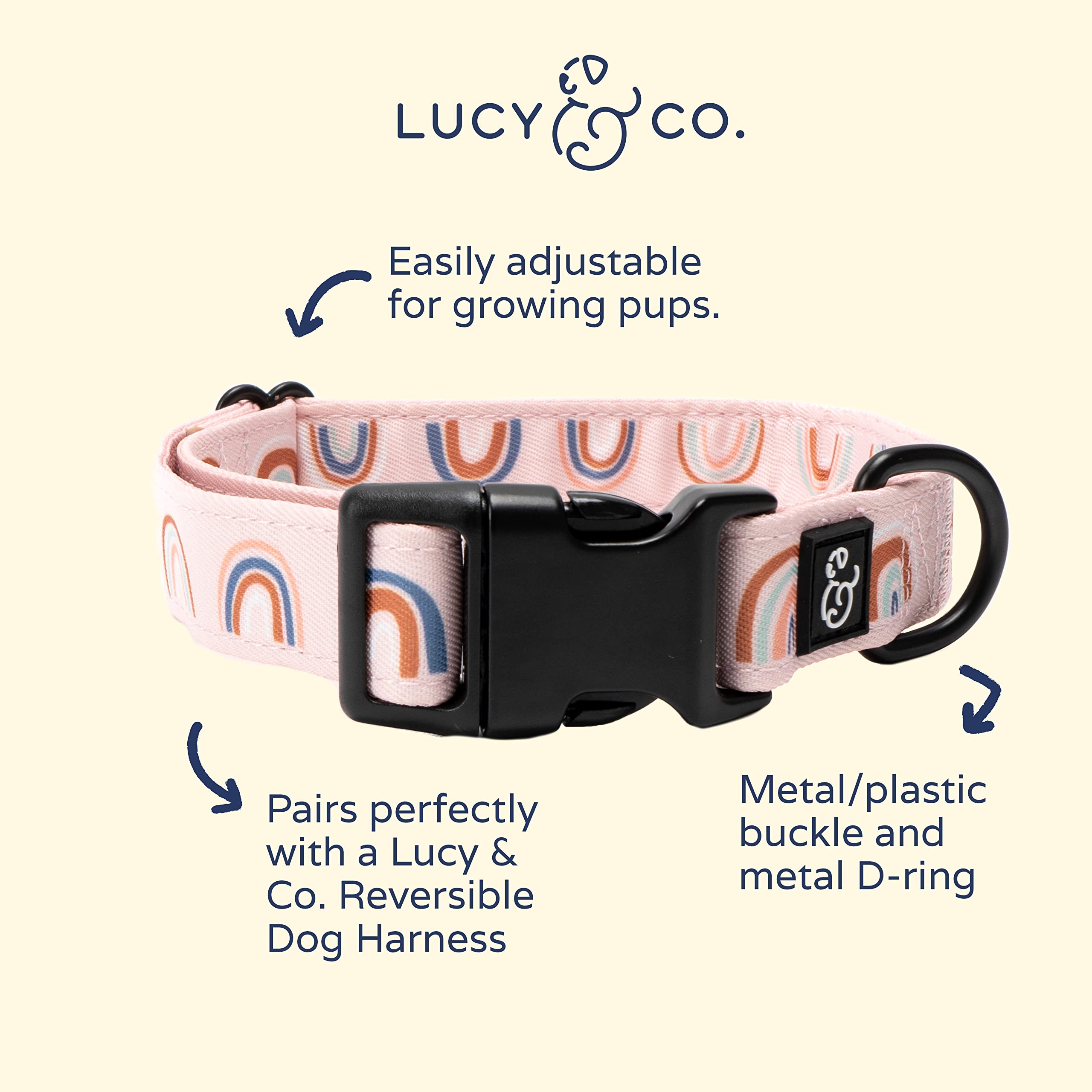 Lucy & Co. in The Clouds Dog Collar - Durable Lightweight Designer Collar for Pets - Adjustable Metal Safety Buckle - Pink Rainbows - Small