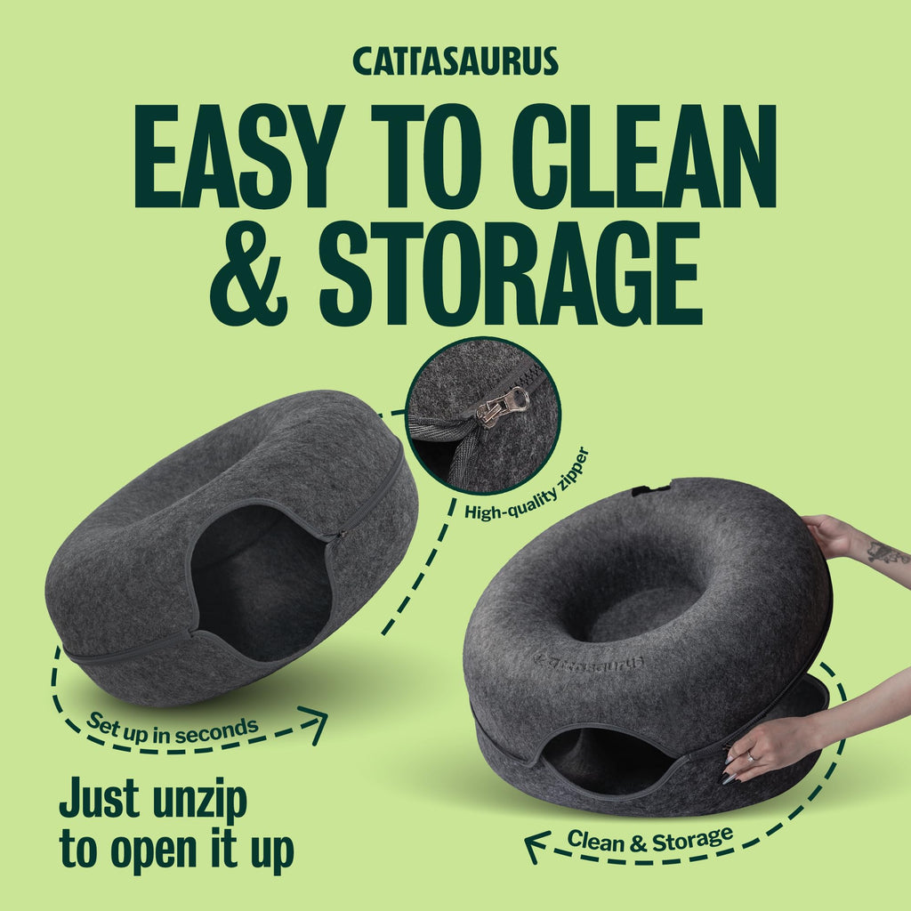 Cattasaurus Peekaboo Cat Cave Donut for Multiple & Large Cats up to 30-45 lbs, 3-in-1 Self Warming Cat Bed, Tunnel & Scratcher for Indoor Cats, Washable & Detachable Small Dog Bed (Dark Gray, Jumbo)