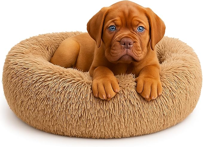 Calming Dog Bed - Fluffy Donut Cuddler for Anxiety Relief, Orthopedic Pet Bed with Non-Slip Bottom, Cozy Round Faux Fur Nest for Dogs and Cats, Plush Crate Mat for Comfort (Camel