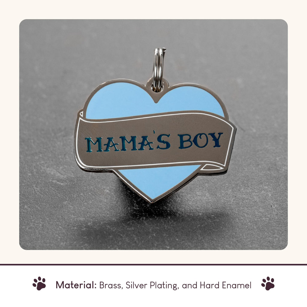 Two Tails Mama's Boy Personalized Dog ID Tag, Engraved, Silver Plating